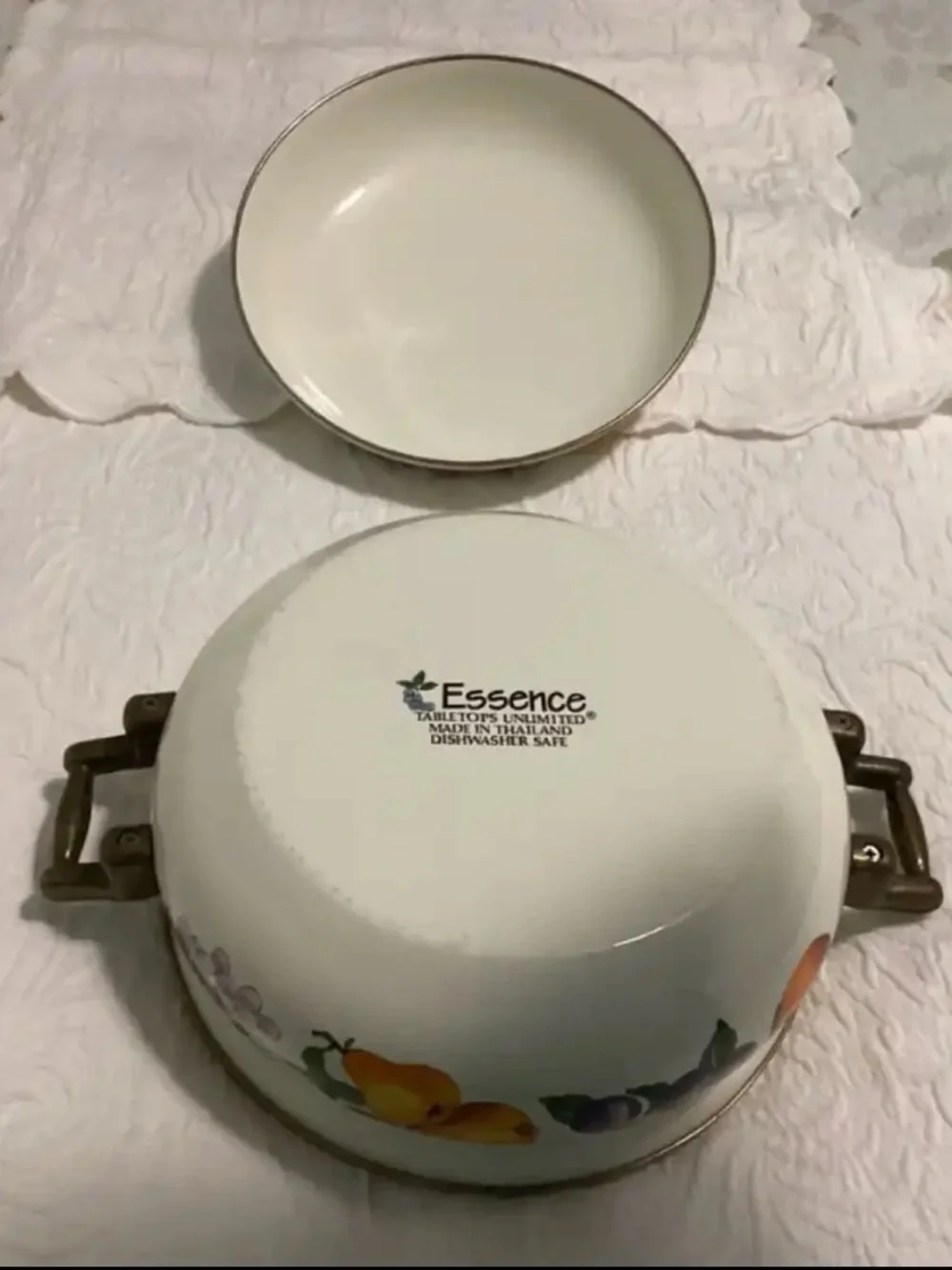 Vintage Essence Tabletops Unlimited Large Handled Enamel Pot with Brass Handles